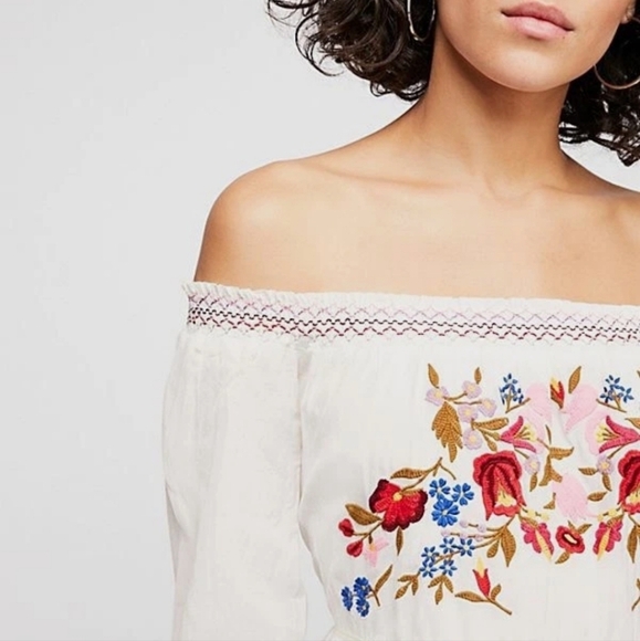 Free People Embroidered Off Shoulder White Floral Mini Dress Size xs - Picture 4 of 12